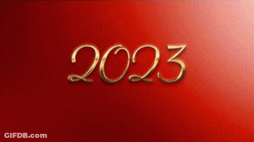 The Year 2023 Is Written In Gold On A Red Background With Christmas Balls GIF