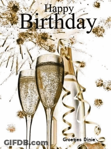 There Is A Bottle Of Champagne And Two Glasses Of Champagne On The Birthday Card . GIF