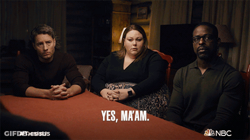 This Is Us Three People Sitting Caption Yes Ma Am GIF