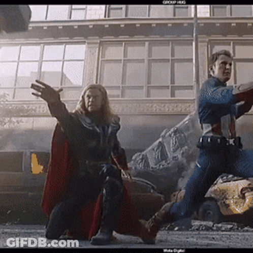 Thor And Captain America Fighting In Front Of Group Hug Building GIF
