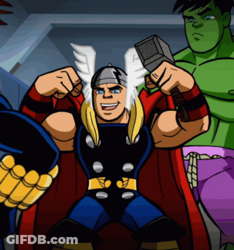 Thor Holding Hammer Surrounded By Superheroes GIF
