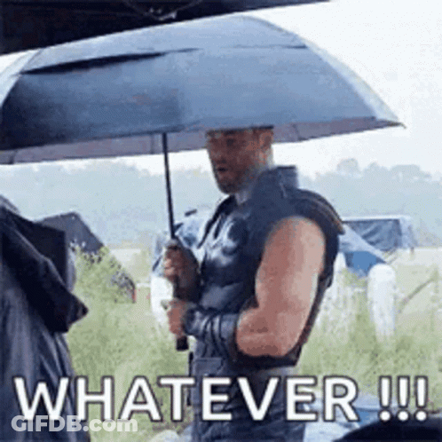 Thor Holding Umbrella Saying Whatever GIF