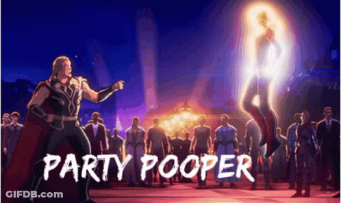 Thor Is Standing In Front Of A Crowd Of People With The Words Party Pooper On The Bottom . GIF