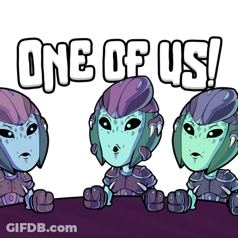 Three Aliens Sitting At Table One Of Us GIF