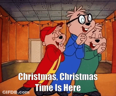 Three Alvin And The Chipmunks Are Standing In A Room With The Words Christmas Christmas Time Is Here GIF