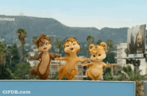 Three Alvin And The Chipmunks Dancing In Front Of Hollywood Sign GIF