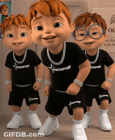 Three Alvin And The Chipmunks In Black Shirts And Shorts GIF