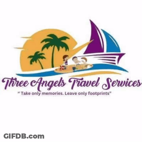 Three Angels Travel Services Logo With Sailboat And Palm Trees GIF