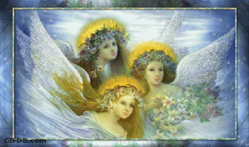 Three Angels With Flowers In Hair GIF