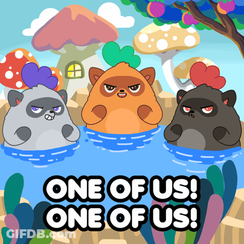 Three Animals In A Pond Saying One Of Us One Of Us GIF