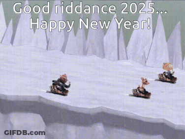 Three Animals Sledding Good Riddance 2025 Happy New Year GIF