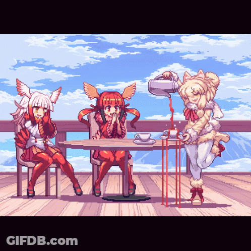 Three Anime Characters And Cat Pouring Coffee GIF