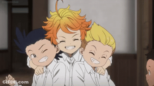 Three Anime Characters Are Hugging And Smiling With A Watermark That Says ' Kissanime ' On The Bottom GIF