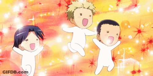 Three Anime Characters Are Jumping In The Air With Their Mouths Open GIF