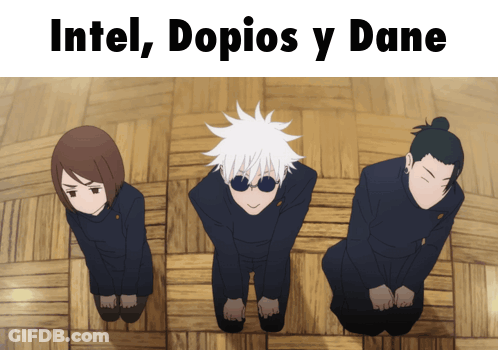Three Anime Characters Are Kneeling Down With The Words Intel Dopios Y Dane Written Above Them GIF