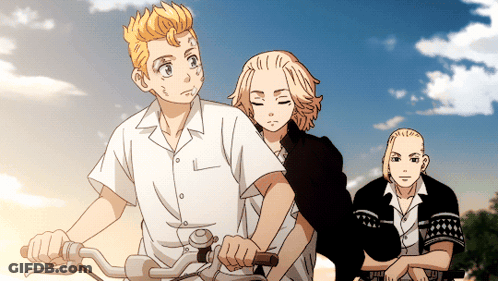 Three Anime Characters Are Riding A Bike Together GIF