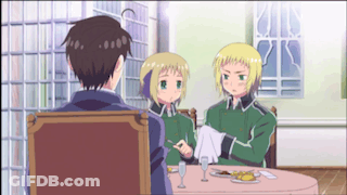 Three Anime Characters Are Sitting At A Table With Plates Of Food And Glasses Of Wine GIF
