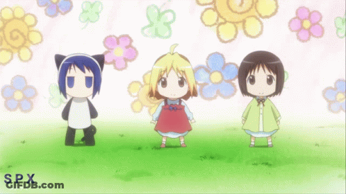 Three Anime Characters Are Standing In A Field With Flowers In The Background And The Letters Spx On The Bottom Right GIF