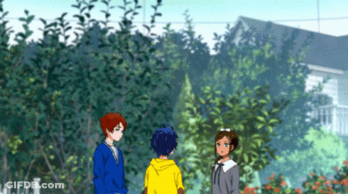 Three Anime Characters Are Standing In Front Of A House Talking To Each Other . GIF