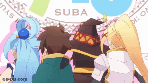 Three Anime Characters Are Standing In Front Of A Sign That Says " Suba " GIF