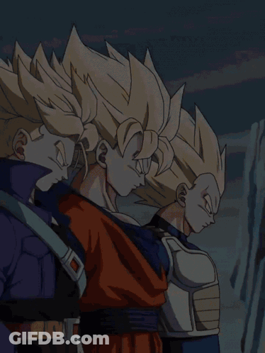 Three Anime Characters Are Standing Next To Each Other And One Of Them Has A Belt Around His Waist GIF