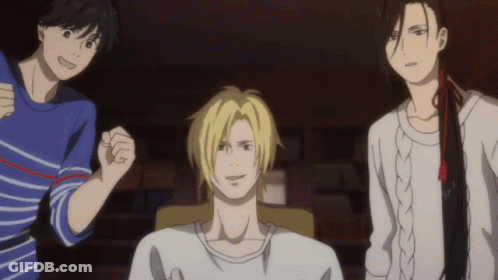 Three Anime Characters Are Standing Next To Each Other And One Of Them Has A Fist In The Air GIF