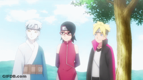 Three Anime Characters Are Standing Next To Each Other And One Of Them Has The Letter A On Her Head GIF