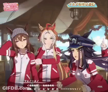 Three Anime Characters Are Standing Next To Each Other And One Of Them Is Wearing A Hat With A Horse On It GIF