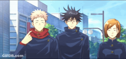Three Anime Characters Are Standing Next To Each Other GIF