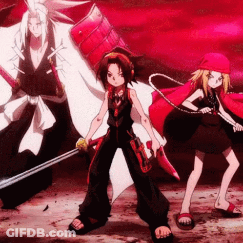 Three Anime Characters Are Standing Next To Each Other Holding Swords . GIF