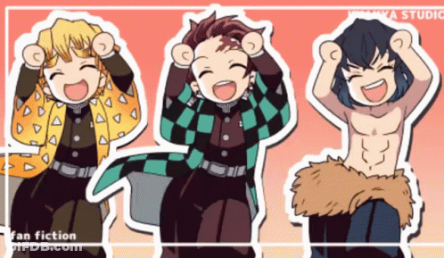 Three Anime Characters Are Standing Next To Each Other With Their Arms In The Air And The Words Fan Fiction On The Botto GIF
