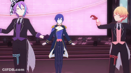 Three Anime Characters Dancing On Pink Stage GIF