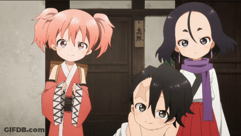 Three Anime Characters In Front Of Door GIF