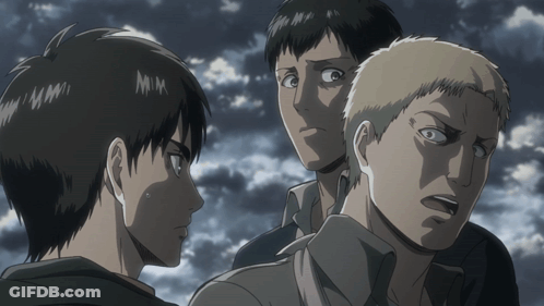 Three Anime Characters Looking At Each Other With M On Forehead GIF