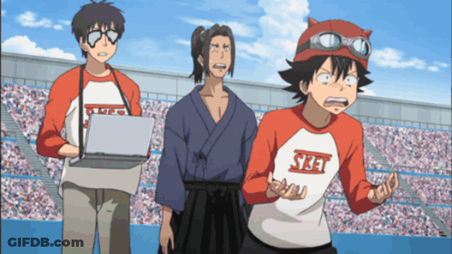 Three Anime Characters One Of Whom Is Wearing A Shirt That Says Syjet On It GIF