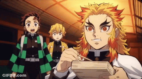 Three Anime Characters, One With Book And Chopsticks GIF