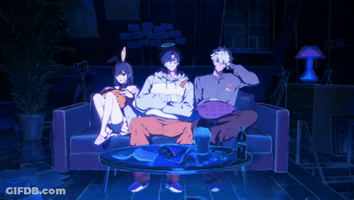 Three Anime Characters Sitting On Couch With Pepsi GIF