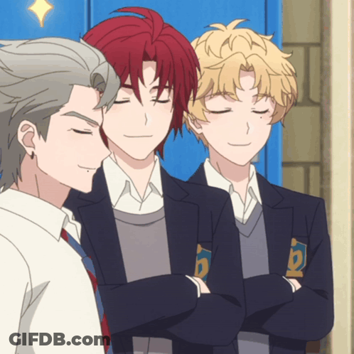 Three Anime Characters Standing Eyes Closed With B Badge GIF