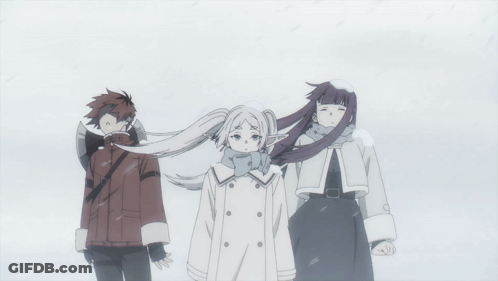 Three Anime Characters Standing In Snow One With Scarf GIF