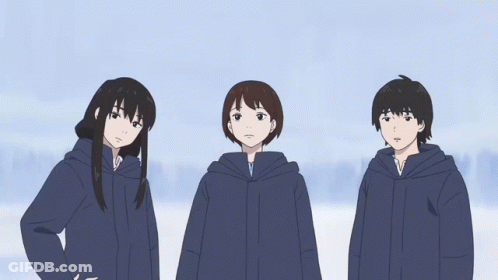 Three Anime Characters Standing Next To Each Other With One Saying " Whoa Scary " GIF
