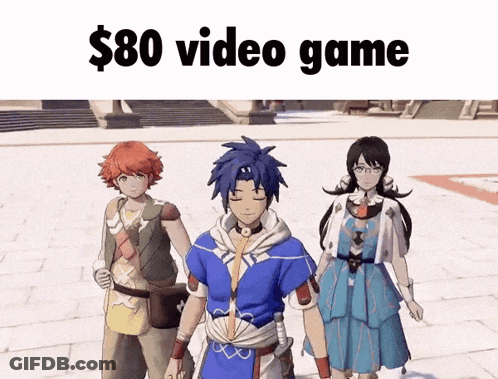 Three Anime Characters With $80 Video Game Text GIF