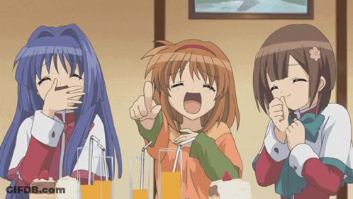 Three Anime Girls Are Sitting At A Table Laughing And Drinking Juice GIF