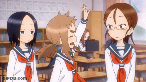 Three Anime Girls Are Standing In A Classroom With One Raising Her Hand In The Air GIF