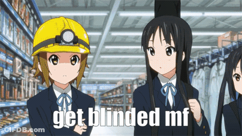 Three Anime Girls Are Standing In A Store With The Words Get Blinded Mf Written On The Bottom GIF