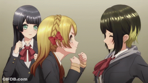 Three Anime Girls Are Standing Next To Each Other And One Has A Braided Headband GIF