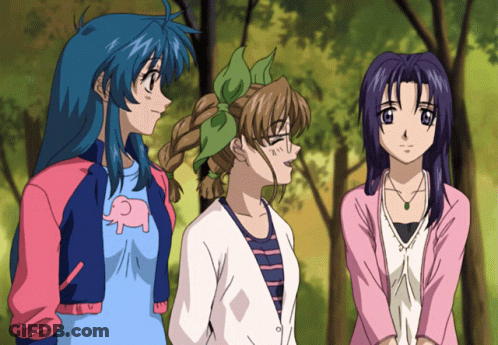 Three Anime Girls Are Standing Next To Each Other And One Has A Pink Elephant On Her Shirt GIF