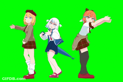 Three Anime Girls Are Standing Next To Each Other On A Green Background GIF