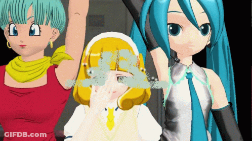 Three Anime Girls Are Standing Next To Each Other With One Covering Her Eyes GIF