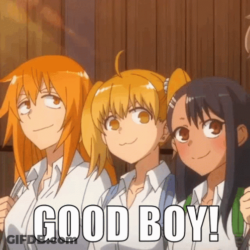 Three Anime Girls Are Standing Next To Each Other With The Words Good Boy Written On The Bottom Of The Image GIF