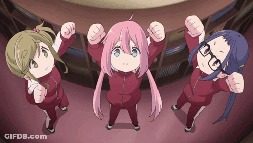 Three Anime Girls Are Standing Together With Their Hands In The Air GIF